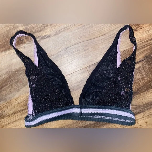 Intimately Free People Bralette Polka Dot Lace Striped Band Black Purple Size XS - Picture 2 of 3